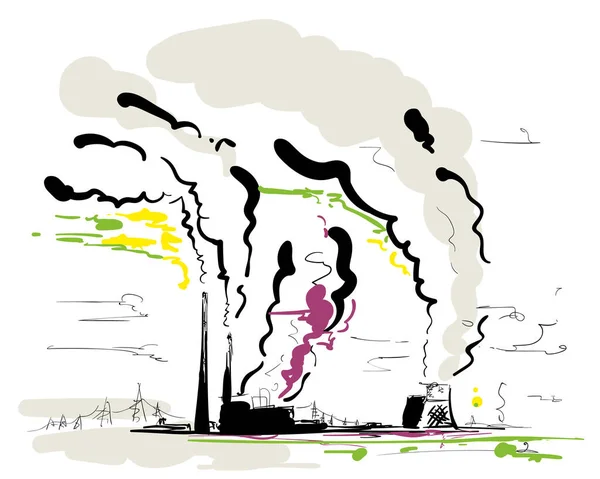 Luchtverontreiniging Door Schoorsteen Van Fabriek Met Hand Getekende Vectorkrabbelillustratie — Stockvector