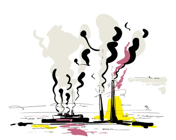 Znečištění Ovzduší Komína Továrny Ručně Kreslené Vektorové Čmáranice Ilustrace — Stockový vektor