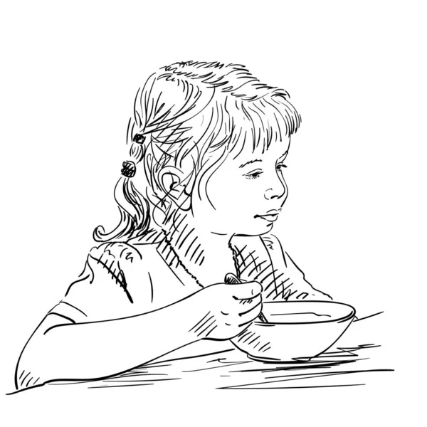 Croquis Petite Fille Mange Plaque Profonde Avec Cuillère Illustration Vectorielle — Image vectorielle