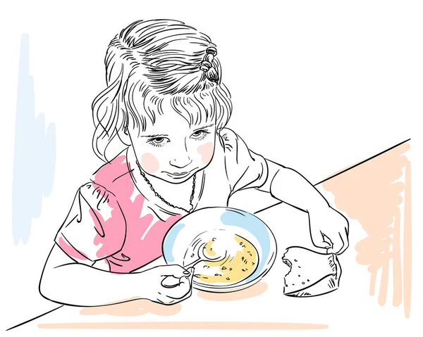 Bosquejo Niña Comiendo Plato Profundo Mirando Hacia Arriba Arte Línea — Vector de stock