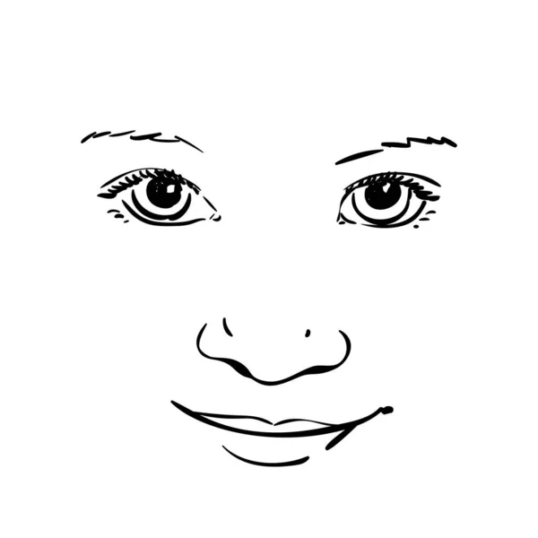 Volto Bambina Illustrazione Disegnata Mano Linee Nere Isolate Bianco Schizzo — Vettoriale Stock