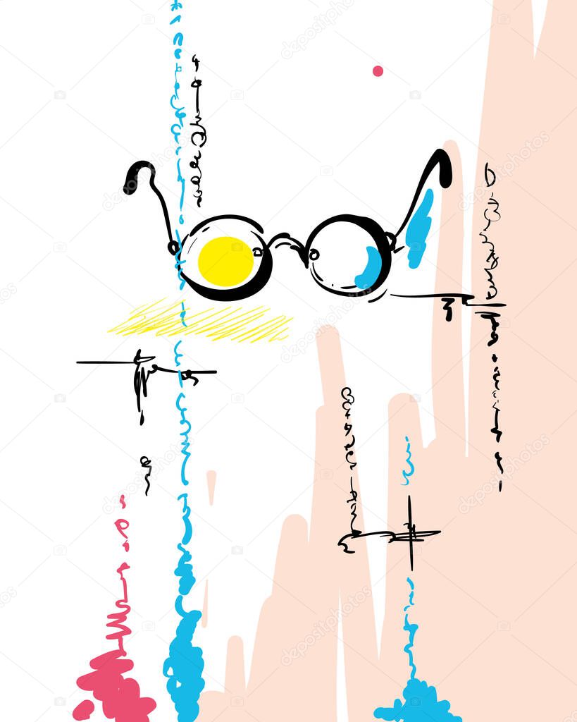 Simple sketch of spectacles isolated on scribble colorful abstract background, Hand drawn vector illustration