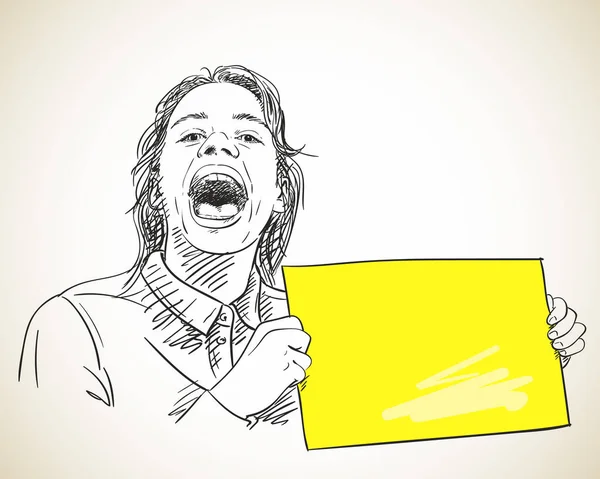 Bosquejo Chica Gritando Sosteniendo Pancarta Blanco Amarillo Aislado Concepto Emociones — Vector de stock