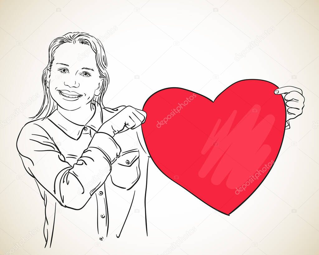 Girl holding big red heart, Hand drawn llustration, Vector sketch