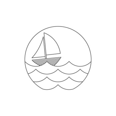 Okyanusta yat, çizgi çizimi. Çember şeklinde siyah beyaz vektör minimalist tasarımı