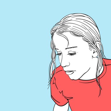 Kırmızı tişörtlü, çizgili, el çizimi vektör çizimi resimli genç bir kız resmi.