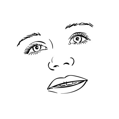 Güzel genç kız gülümseyen yüz, vektör çizimi, el çizimi çizimi çizimi çizim sanatı.