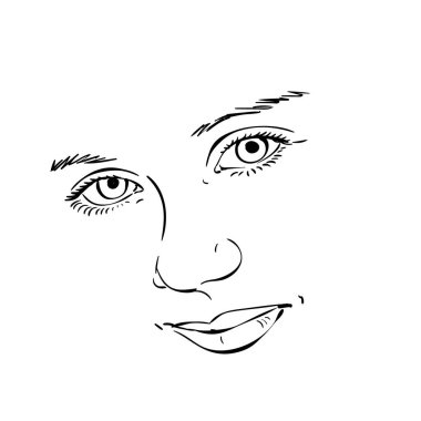 Güzel genç kız gülümseyen yüz, vektör çizimi, el çizimi çizimi çizimi çizim sanatı.