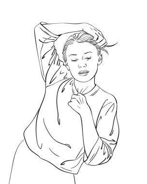 Baştan çıkarıcı bir poz veren kadının çizimi gözleri aşağıda ve dudakları hafif açık, el çizimi vektör çizimi, çizgi sanatı.