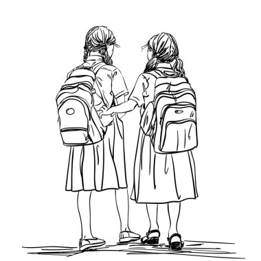 Sırt çantalı, arka görüşlü, vektör çizimli iki kız öğrenci çizmiş.
