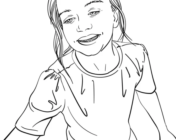 Mutlu Genç Bir Kızın Çizimi Vektör Çizgisi Sanatı — Stok Vektör