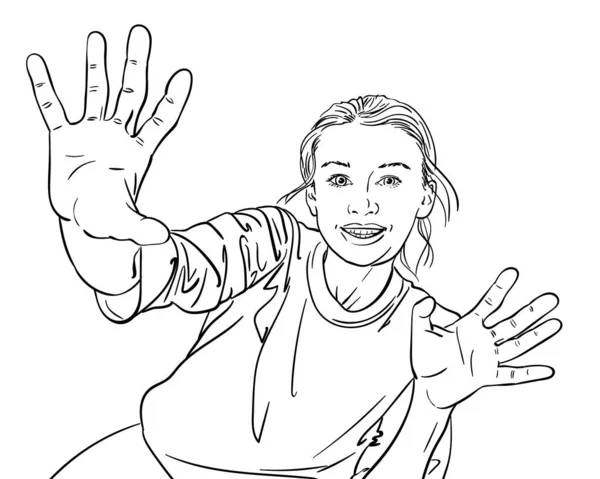 Kresba Šťastné Dívky Ukazuje Její Otevřené Dlaně Roztaženými Prsty Ručně — Stockový vektor