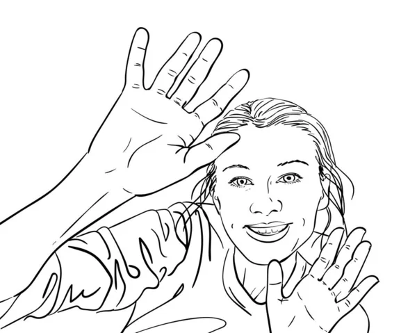 Рисунок Счастливой Девушки Показывает Открытые Ладони Раздвинутыми Пальцами Ручной Рисунок — стоковый вектор