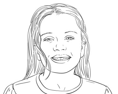 Uzun, çıplak saçlı, el çizimi resimli mutlu küçük bir kız çizimi.