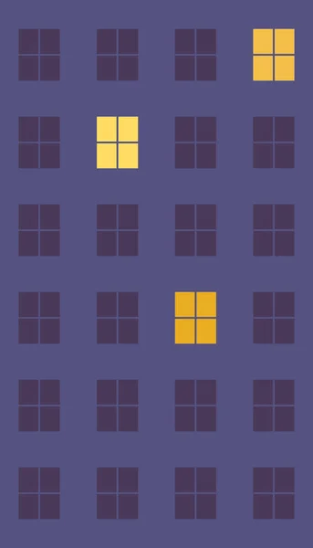 多层楼房的夜窗 三扇窗户亮着灯 其余的窗户都是深色的 垂直的背景是不同颜色的几何形状 矢量平面设计 — 图库矢量图片