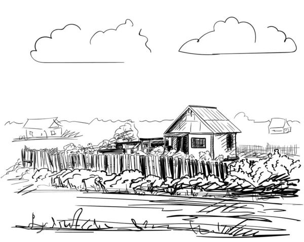Häuser Dorf Landschaft Handgezeichnete Illustrationsskizze — Stockvektor