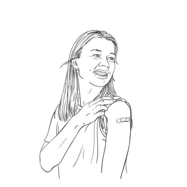 Retrato Mujer Joven Sonriendo Después Recibir Vacuna Bosquejo Vectorial Mujer — Vector de stock