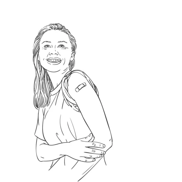 Illustration Geimpfter Menschen Glücklich Lächelnde Frau Zeigt Pflaster Auf Ihrem — Stockvektor