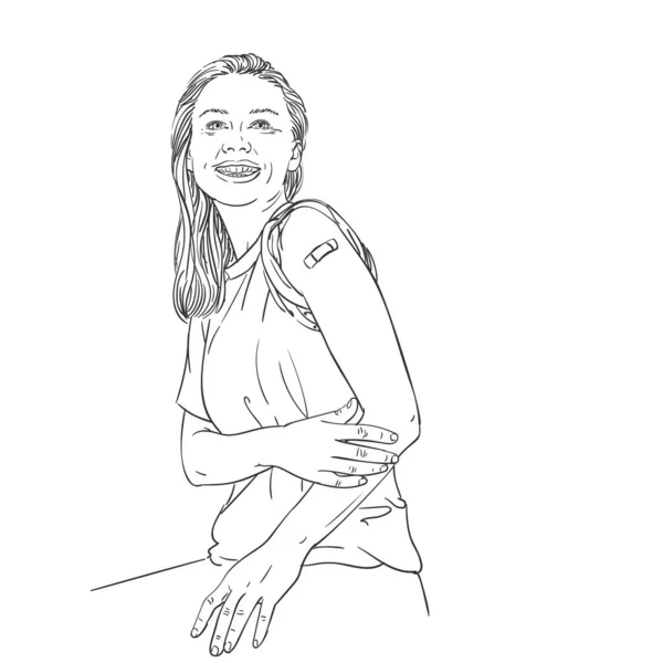 Ilustración Personas Vacunadas Happy Woman Shows Patch Her Arm Receiving — Vector de stock