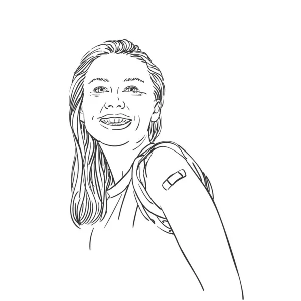 Aşı Olduktan Sonra Gülümseyen Genç Bir Kadının Portresi Vector Sanat — Stok Vektör