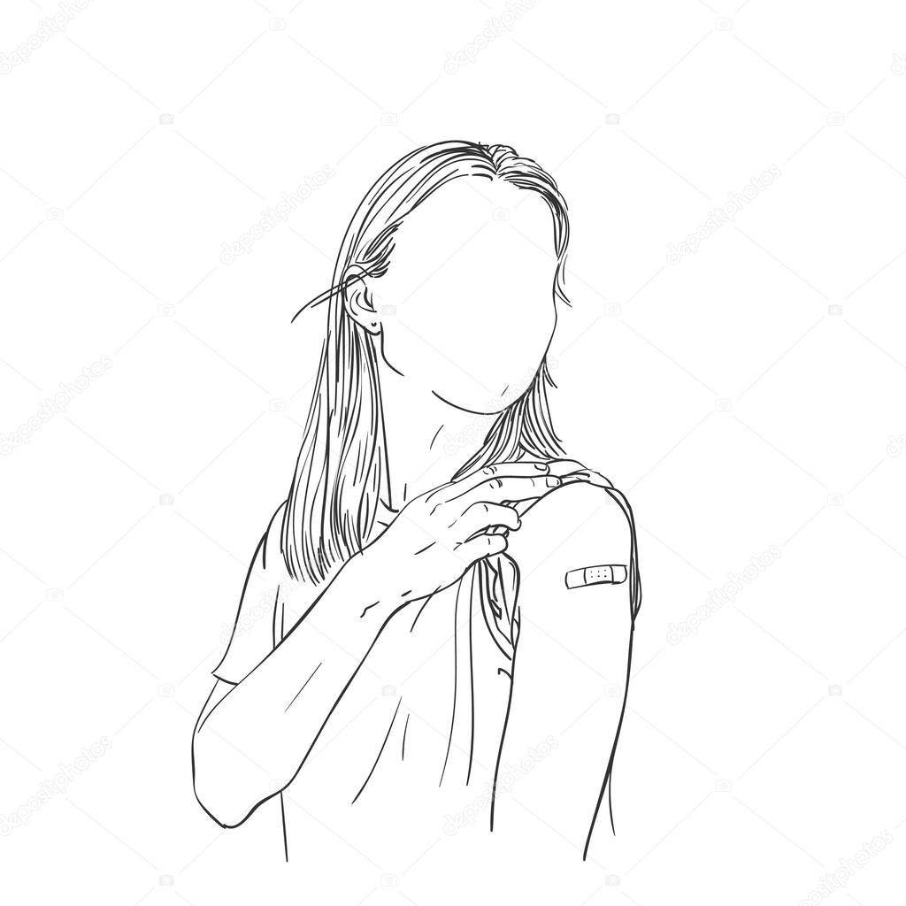 Portrait of female no face showing her arm after getting vaccine, Vector sketch, Girl with bandage on arm after receiving vaccination, Hand drawn black and white graphic Vaccinated people illustration
