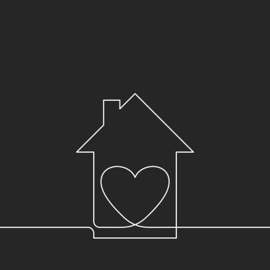 Evin içindeki kalp, sürekli bir çizgi çizimi, aile ve tatlı ev kavramında aşk, siyah arka planda tek bir ince beyaz çizgiden oluşan minimalist vektör çizgisi çizimi.