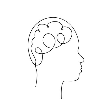 Beyin aralıksız tek çizgi çizimi, zihinsel sağlık konseptinde Asyalı ikili olmayan yüz, Vector grafik minimalist çizim tek çizgi