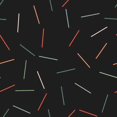 Kusursuz desen farklı renk çubukları siyah arkaplan üzerinde rastgele konum, memphis desen vektör çizgileri