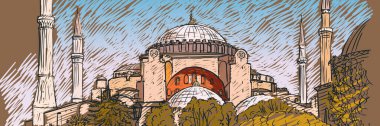 İstanbul 'daki Ayasofya Cami Müzesi' nin sıcak sonbahar renkleriyle çizimi, Vektör el çizimi uzun web afişi