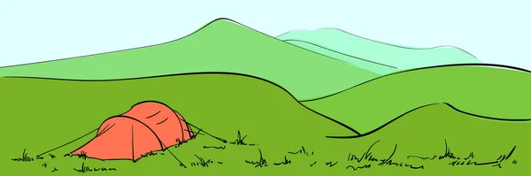 Κόκκινη Σκηνή Στο Καταπράσινο Ορεινό Τοπίο Διάνυσμα Εικονογράφηση Υπαίθρια Κάμπινγκ — Διανυσματικό Αρχείο