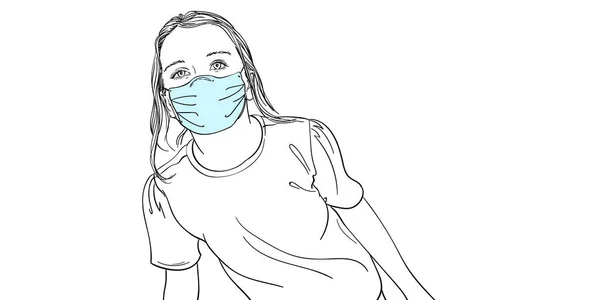 Σκίτσο Του Προ Έφηβος Κορίτσι Ιατρική Μάσκα Προσώπου Παιδιά Και — Διανυσματικό Αρχείο