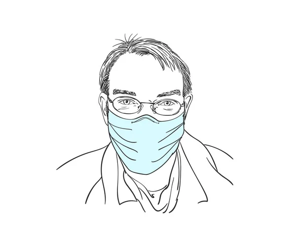 Человек Медицинской Маске Лица Очках Векторный Рисунок Ручной Рисунок Мужской — стоковый вектор