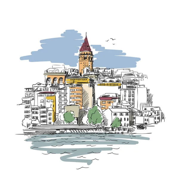 Dibujo Torre Galata Estambul Gaviotas Volando Cielo Famoso Monumento Turco — Vector de stock