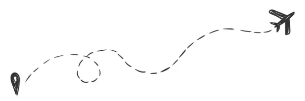 飞机航线矢量草图上的飞机航线图标 带有起点和冲刺线轨迹 旅行矢量图标简单手工绘制 — 图库矢量图片