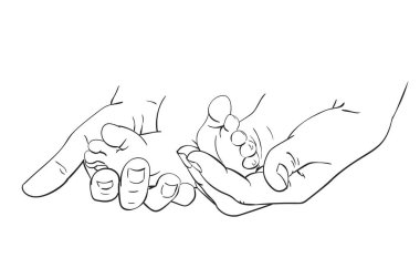 Bebek ayaklarının anne ellerinde çizimi, mutlu annelik konsepti, el çizimi vektör çizimi.