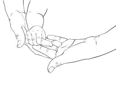 Çizgi çizimi, küçük el ele tutuşan anne parmağı, mutlu annelik kavramı sevgi ve aile, beyaz arka planda izole edilmiş el çizimi vektör çizimi.