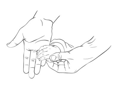 Annenin küçük ellerini tutarken çizilen çizgi çizimi, mutlu annelik kavramı sevgi ve aile, beyaz arka planda izole edilmiş el çizimi vektör çizimi.
