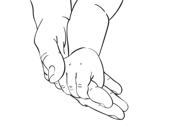 Line art sketch of baby tiny hand holding mother hand, Happy maternity concept of love and family, Hand drawn vector illustration isolated on white background