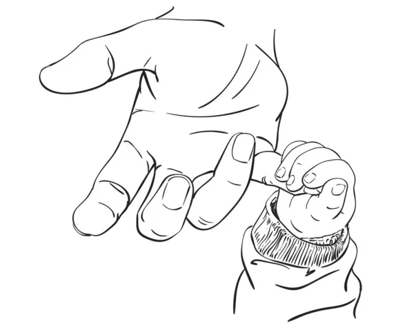 Γραμμικό Σκίτσο Τέχνης Του Μωρού Μικροσκοπικό Χέρι Κρατώντας Δάχτυλο Της — Διανυσματικό Αρχείο