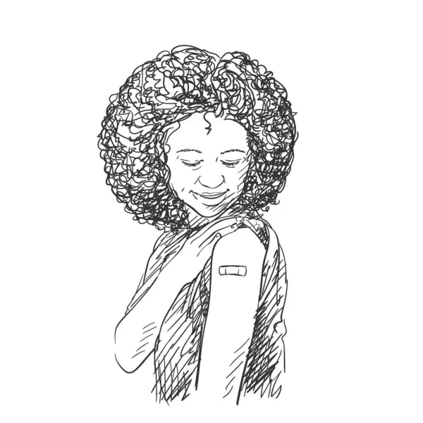 Молодая Счастливая Черная Женщина Смотрит Свою Руку После Получения Прививки — стоковый вектор