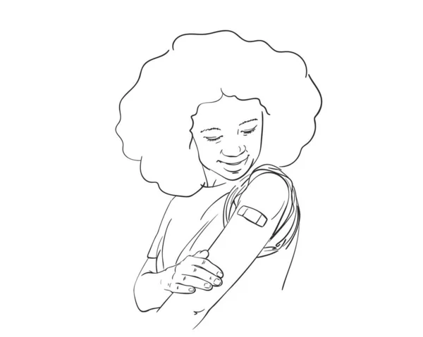 Vrouw Zoek Naar Haar Arm Vaccinatie Tijdens Vaccinatieprogramma Covid Vectorschets — Stockvector