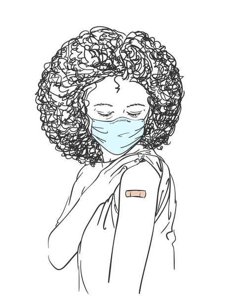 Ilustração Pessoas Negras Vacinadas Jovem Negra Máscara Médica Olhando Braço —  Vetores de Stock