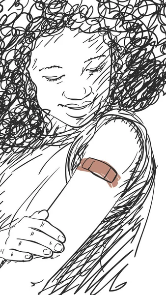 Ilustración Personas Negras Vacunadas Mujer Negra Joven Mirando Brazo Después — Vector de stock