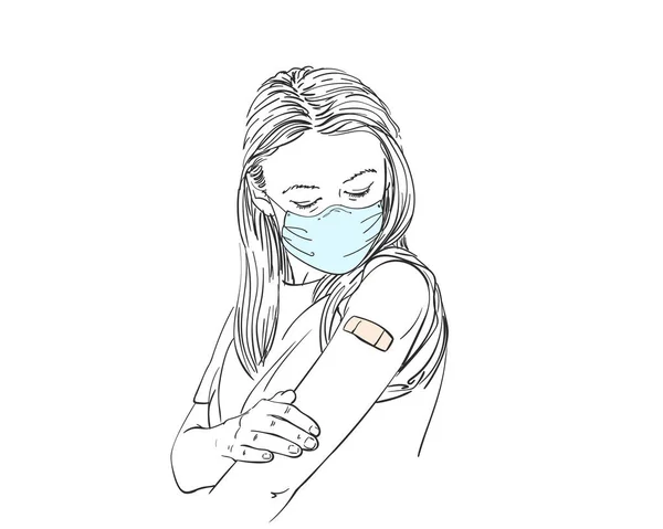 Ilustração Pessoas Vacinadas Retrato Mulher Caucasiana Mascarada Após Receber Vacinação —  Vetores de Stock