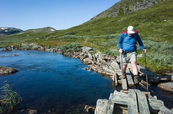 Wandern Schwedisch Lappland Mann Überquert Fluss Auf Kleiner Holzbrücke Trekking — Stockfoto