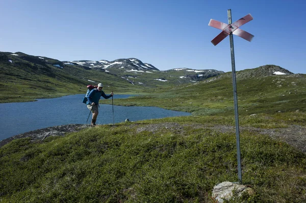 Senderismo Laponia Sueca Hombre Viajero Trekking Solo Con Vista Lago —  Fotos de Stock