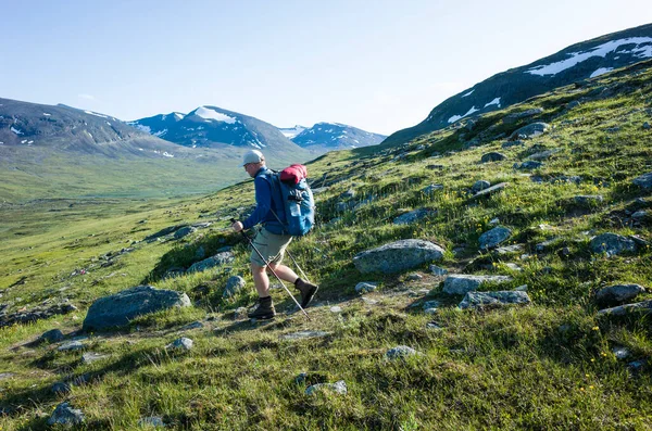 Caminhadas Lapónia Sueca Homem Viajante Trekking Sozinho Nordkalottruta Arctic Trail — Fotografia de Stock
