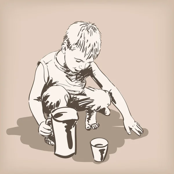 Criança brincando com água e copo — Vetor de Stock