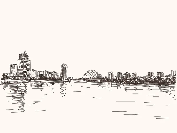 Skyline van Astana stad langs de rivier — Stockvector