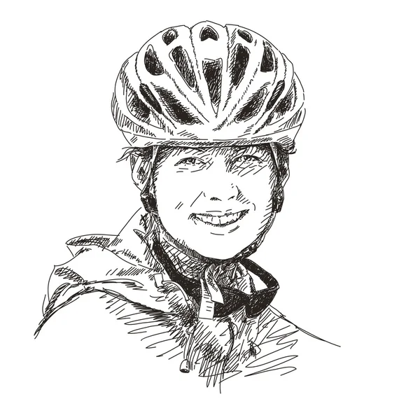 Sorrindo jovem mulher usando capacete de bicicleta — Vetor de Stock